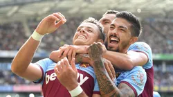 BRIGHTON, ENGLAND - AUGUST 17: Javier Hernandez of West Ham United celebrates with team mates Manuel Lanzini and Robert Snodgrass after scoring his team's first goal during the Premier League match between Brighton & Hove Albion and West Ham United at American Express Community Stadium on August 17, 2019 in Brighton, United Kingdom. (Photo by Mike Hewitt/Getty Images)