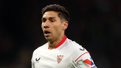 MANCHESTER, ENGLAND - APRIL 13: Gonzalo Montiel of Sevilla during the UEFA Europa League quarterfinal first leg match between Manchester United and Sevilla FC at Old Trafford on April 13, 2023 in Manchester, England. (Photo by Catherine Ivill/Getty Images)
