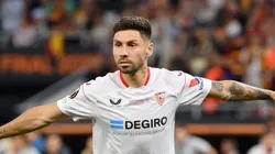 BUDAPEST, HUNGARY - MAY 31: Gonzalo Montiel of Sevilla FC celebrates scoring the sides winning penalty in the penalty shoot out during the UEFA Europa League 2022/23 final match between Sevilla FC and AS Roma at Puskas Arena on May 31, 2023 in Budapest, Hungary. (Photo by Justin Setterfield/Getty Images)