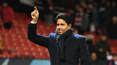 MANCHESTER, ENGLAND - FEBRUARY 12: Nasser Al-Khelaifi, President of PSG waves to fans during the UEFA Champions League Round of 16 First Leg match between Manchester United and Paris Saint-Germain at Old Trafford on February 12, 2019 in Manchester, England. (Photo by Michael Regan/Getty Images)