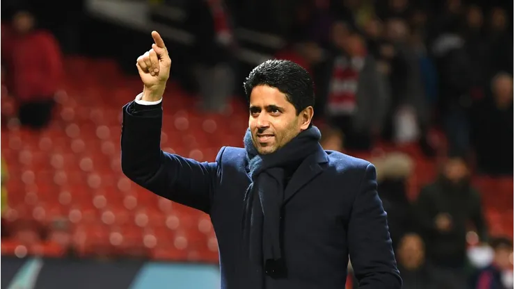 MANCHESTER, ENGLAND - FEBRUARY 12: Nasser Al-Khelaifi, President of PSG waves to fans during the UEFA Champions League Round of 16 First Leg match between Manchester United and Paris Saint-Germain at Old Trafford on February 12, 2019 in Manchester, England. (Photo by Michael Regan/Getty Images)