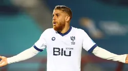 TANGER MED, MOROCCO - FEBRUARY 07: Gustavo Cuellar (r) of Al Hilal SFC alongside Saud Abdulhamid (l) during the FIFA Club World Cup Morocco 2022 Semi Final match between Flamengo v Al Hilal SFC at Stade Ibn-Batouta on February 07, 2023 in Tanger Med, Morocco. (Photo by Michael Steele/Getty Images)