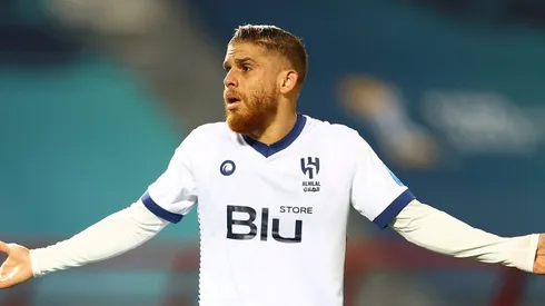 TANGER MED, MOROCCO - FEBRUARY 07: Gustavo Cuellar (r) of Al Hilal SFC alongside Saud Abdulhamid (l) during the FIFA Club World Cup Morocco 2022 Semi Final match between Flamengo v Al Hilal SFC at Stade Ibn-Batouta on February 07, 2023 in Tanger Med, Morocco. (Photo by Michael Steele/Getty Images)
