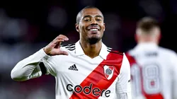 BUENOS AIRES, ARGENTINA - JUNE 17: Nicolas De La Cruz of River Plate celebrates after scoring the team's first goal during a Liga Profesional 2023 match between River Plate and Defensa y Justicia at Estadio Mas Monumental Antonio Vespucio Liberti on June 17, 2023 in Buenos Aires, Argentina. The 19th round match had been suspended at 25 minutes of play after a fan fell down from the Sivori High stands and died on June 3. (Photo by Marcelo Endelli/Getty Images)