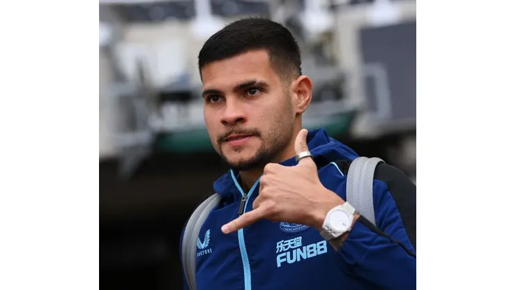 NEWCASTLE UPON TYNE, ENGLAND - MAY 22: Bruno Guimaraes of Newcastle United arrives prior to the Premier League match between Newcastle United and Leicester City at St. James Park on May 22, 2023 in Newcastle upon Tyne, England. (Photo by Stu Forster/Getty Images)