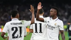 MADRID, SPAIN - NOVEMBER 02: Rodrygo of Real Madrid celebrates with team mate Vinicius Junior after scoring their sides second goal from the penalty spot during the UEFA Champions League group F match between Real Madrid and Celtic FC at Estadio Santiago Bernabeu on November 02, 2022 in Madrid, Spain. (Photo by Clive Brunskill/Getty Images)