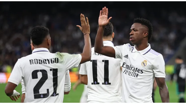 MADRID, SPAIN - NOVEMBER 02: Rodrygo of Real Madrid celebrates with team mate Vinicius Junior after scoring their sides second goal from the penalty spot during the UEFA Champions League group F match between Real Madrid and Celtic FC at Estadio Santiago Bernabeu on November 02, 2022 in Madrid, Spain. (Photo by Clive Brunskill/Getty Images)