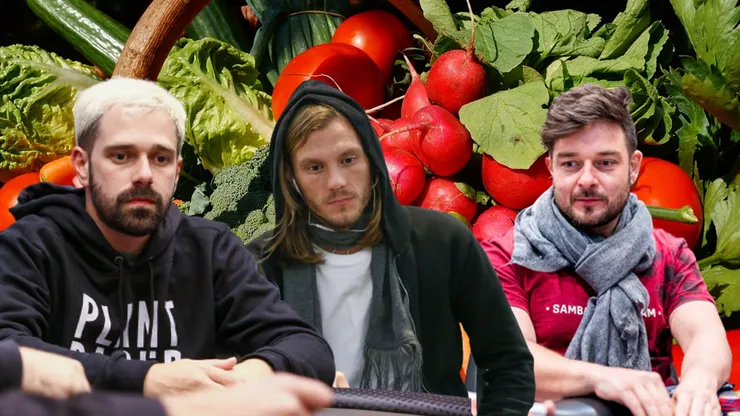 Felipe Boianovsky, Alisson Piekazewicz e Fabiano Kovalski (direita para esquera) são jogadores de poker e veganos (Fotos: Montagem com fundo de Reprodução/Pixabay, Divulgação/BSOP, Seth Hausler/PokerNews)