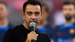 BARCELONA, SPAIN - AUGUST 07: Head Coach Xavi Hernandez of FC Barcelona gives a speech ahead of the Joan Gamper Trophy match between FC Barcelona and Pumas UNAM at Spotify Camp Nou on August 07, 2022 in Barcelona, Spain. (Photo by Alex Caparros/Getty Images)