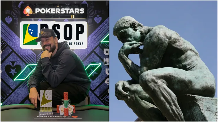 Gabriel o Pensador imita estátua esculpida por Rodin (Foto: Divulgação/BSOP e Reprodução/Pixabay)