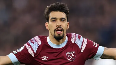 LONDON, ENGLAND - APRIL 26: Lucas Paqueta of West Ham United celebrates after scoring the team's first goal during the Premier League match between West Ham United and Liverpool FC at London Stadium on April 26, 2023 in London, England. (Photo by Julian Finney/Getty Images)