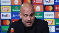 MUNICH, GERMANY - APRIL 18: Pep Guardiola, head coach of Manchester City addresses the media during a press conference ahead of the UEFA Champions League quarterfinal second leg match FC Bayern München against Manchester City at Allianz Arena on April 18, 2023 in Munich, Germany. (Photo by Johannes Simon/Getty Images)