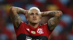 RIO DE JANEIRO, BRAZIL - SEPTEMBER 15: Pedro of Flamengo reacts during a second leg quarter final match of Copa Do Brasil between Flamengo and Gremio at Maracana Stadium on September 15, 2021 in Rio de Janeiro, Brazil. For the first time after the beginning of COVID-19 restrictions, fans are being allowed back in the stadium for local games. In orther to access fans need to present a negative PCR test result and their COVID-19 vaccination card. (Photo by Wagner Meier/Getty Images)