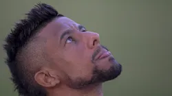 Léo Moura durante sua última coletiva de imprensa como jogador do Flamengo, no CT Ninho do Urubu