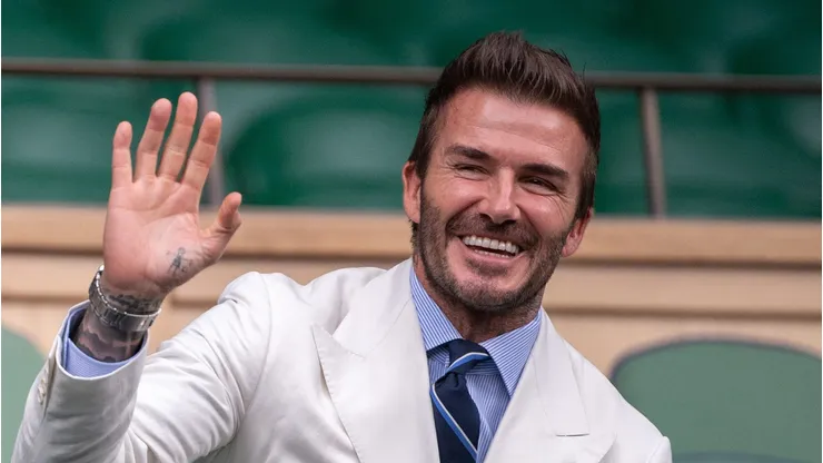 LONDON, ENGLAND - JULY 09: David Beckham, former football player looks on from the Royal Box during the Men's Singles Semi-Final match between Novak Djokovic of Serbia and Denis Shapovalov of Canada during Day Eleven of The Championships - Wimbledon 2021 at All England Lawn Tennis and Croquet Club on July 09, 2021 in London, England. (Photo by AELTC/Ben Solomon - Pool/Getty Images)