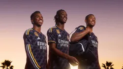 Jogadores do Real Madrid, Vini Jr, Camavinga e Alaba posam com o novo uniforme 2. Foto: Reprodução Site oficial Real Madrid