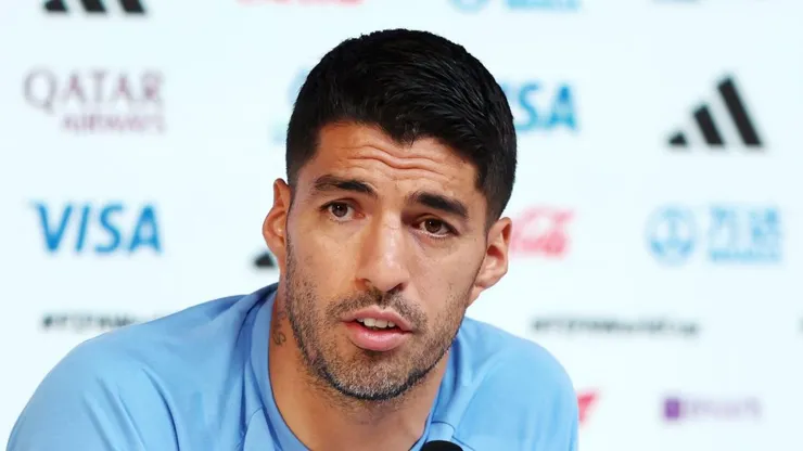 DOHA, QATAR - DECEMBER 01: Luis Suarez of Uruguay speaks during the Uruguay Press Conference at the Main Media Center on December 01, 2022 in Doha, Qatar. (Photo by Mohamed Farag/Getty Images)