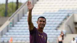 FARO, PORTUGAL - JULY 17: Cristiano Ronaldo of Al Nassr in action during the warm up before the start of the Pre-Season Friendly match between Celta Vigo and Al Nassr at Estadio Algarve on July 17, 2023 in Faro, Portugal. (Photo by Gualter Fatia/Getty Images)