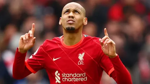 LIVERPOOL, ENGLAND - APRIL 02: Fabinho of Liverpool celebrates after scoring their team's second goal from the penalty spo during the Premier League match between Liverpool and Watford at Anfield on April 02, 2022 in Liverpool, England. (Photo by Clive Brunskill/Getty Images)