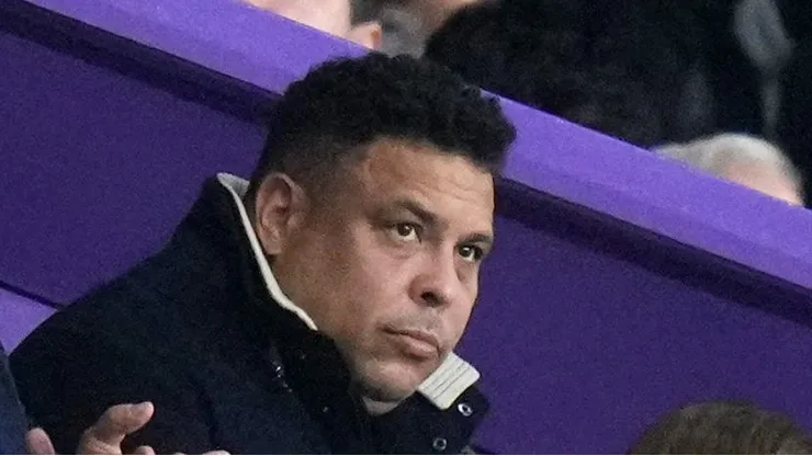 VALLADOLID, SPAIN - MAY 23: Joan Laporta, President of FC Barcelona and Ronaldo Nazario, owner of Real Valladolid CF look on from the stands during the LaLiga Santander match between Real Valladolid CF and FC Barcelona at Estadio Municipal Jose Zorrilla on May 23, 2023 in Valladolid, Spain. (Photo by Angel Martinez/Getty Images)