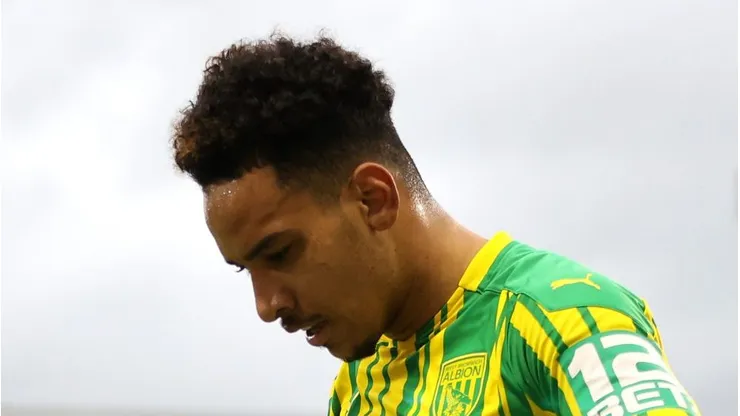 BURNLEY, ENGLAND - FEBRUARY 20: Matheus Pereira of West Bromwich Albion walks to the corner flag with the blue and white Premier League Nike Flight match ball during the Premier League match between Burnley and West Bromwich Albion at Turf Moor on February 20, 2021 in Burnley, England. Sporting stadiums around the UK remain under strict restrictions due to the Coronavirus Pandemic as Government social distancing laws prohibit fans inside venues resulting in games being played behind closed doors. (Photo by Clive Brunskill/Getty Images)