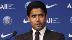 PARIS, FRANCE - AUGUST 11: President Nasser Al Khelaifi answers journalists during a conference of Paris Saint-Germain at Parc des Princes on August 11, 2021 in Paris, France. (Photo by Sebastien Muylaert/Getty Images)