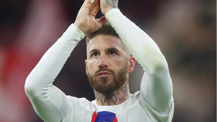 MUNICH, GERMANY - MARCH 08: Sergio Ramos of Paris Saint-Germain applauds the fans after the team's defeat in the UEFA Champions League round of 16 leg two match between FC Bayern München and Paris Saint-Germain at Allianz Arena on March 08, 2023 in Munich, Germany. (Photo by Alex Grimm/Getty Images)