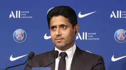PARIS, FRANCE - AUGUST 11: Lionel Messi answers journalists with President Nasser Al Khelaifi during a conference of Paris Saint-Germain at Parc des Princes on August 11, 2021 in Paris, France. (Photo by Sebastien Muylaert/Getty Images)