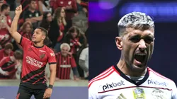 Foto: Robson Mafra/AGIF- Vitor Roque pelo Athletico-PR. Foto: Marcello Zambrana/AGIF- Arrascaeta pelo Flamengo