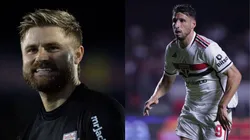 Foto: Diogo Reis/AGIF- Eduardo Sasha pelo Red Bull Bragantino. Foto: Ettore Chiereguini/AGIF- Calleri pelo São Paulo