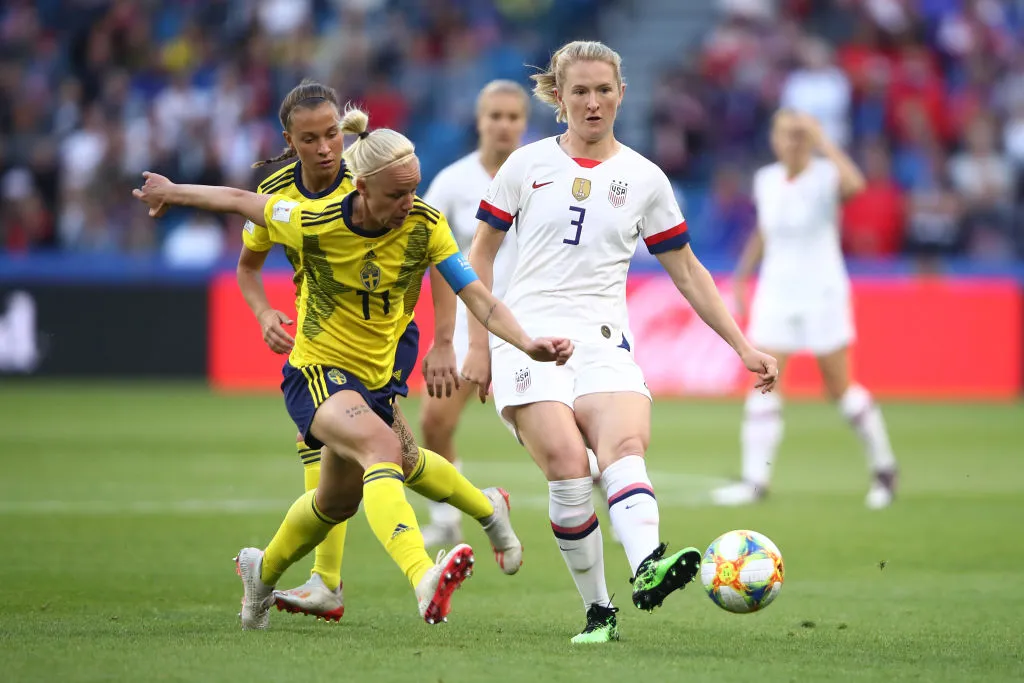 LE HAVRE, FRANCE – JUNE 20: Samantha Mewis of the USA battles for possession with Caroline Seger of Sweden during the 2019 FIFA Women’s World Cup France group F match between Sweden and USA at Stade Oceane on June 20, 2019 in Le Havre, France. (Photo by Alex Grimm/Getty Images)