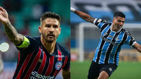 Foto: Jhony Pinho/AGIF- Everaldo pelo Bahia. Foto: Maxi Franzoi/AGIF- Suarez pelo Grêmio