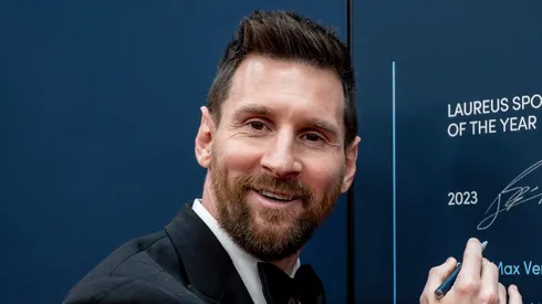 PARIS, FRANCE - MAY 08: Lionel Messi winner of the Laureus World Sportsman of the Year 2023 award signs the wall at the Montblanc Signing Wall during the 2023 Laureus World Sport Awards Paris at Cour Vendome on May 08, 2023 in Paris, France. (Photo by Alexander Scheuber/Getty Images for Laureus)