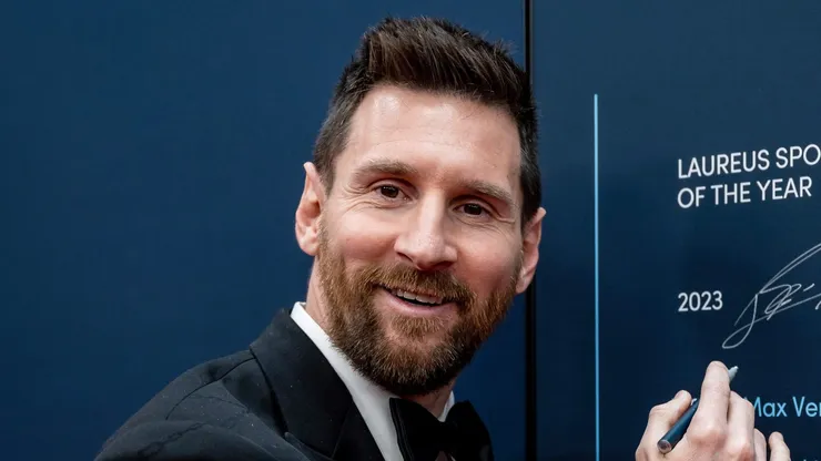 PARIS, FRANCE - MAY 08: Lionel Messi winner of the Laureus World Sportsman of the Year 2023 award signs the wall at the Montblanc Signing Wall during the 2023 Laureus World Sport Awards Paris at Cour Vendome on May 08, 2023 in Paris, France. (Photo by Alexander Scheuber/Getty Images for Laureus)
