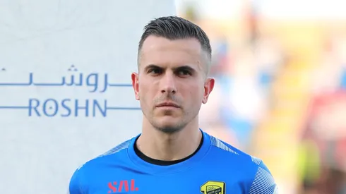 HAIL, SAUDI ARABIA - AUGUST 14: Romarinho and Marcelo Grohe of Al-Ittihad look on as they line up prior to the Saudi Pro League match between Al Raed and Al-Ittihad at King Abdullah Bin Abdualziz Sport City on August 14, 2023 in Hail, Saudi Arabia. (Photo by Getty Images/Getty Images)