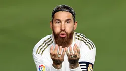 Sergio Ramos of Real Madrid celebrates his team's first goal during the Liga match between Real Madrid CF and Getafe CF at Estadio Alfredo Di Stefano on July 02, 2020 in Madrid, Spain. (Photo by Angel Martinez/Getty Images)