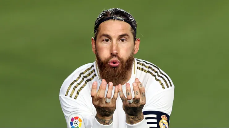 Sergio Ramos of Real Madrid celebrates his team's first goal during the Liga match between Real Madrid CF and Getafe CF at Estadio Alfredo Di Stefano on July 02, 2020 in Madrid, Spain. (Photo by Angel Martinez/Getty Images)
