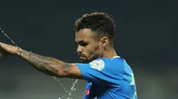 ABHA, SAUDI ARABIA - AUGUST 14: Michael Delgado of Al Hilal passes a bottle during the Saudi Pro League match between Abha and Al-Hilal at Prince Sultan Bin Abdulaziz Sport City on August 14, 2023 in Abha, Saudi Arabia. (Photo by Yasser Bakhsh/Getty Images)