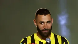 Karim Benzema speaks to the fans as they are presented to the crowd during the Karim Benzema Official Reception event at King Abdullah Sports City on June 08, 2023 in Jeddah, Saudi Arabia. (Photo by Yasser Bakhsh/Getty Images)