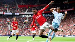 MANCHESTER, ENGLAND - AUGUST 26: Marcus Rashford of Manchester United is fouled for a penalty by Danilo of Nottingham Forest during the Premier League match between Manchester United and Nottingham Forest at Old Trafford on August 26, 2023 in Manchester, England. (Photo by Stu Forster/Getty Images)