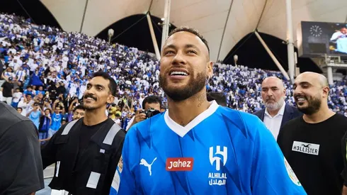 RIYADH, SAUDI ARABIA - AUGUST 19: Neymar Jr of Al Nassr FC meets the fans while halftime during the Saudi Pro League football match between Al Hilal Saudi FC and Al-Fayha atPrince Faisal Bin Fahad on August 19, 2023 in Riyadh, Saudi Arabia. (Photo by Adam Nurkiewicz/Getty Images)
