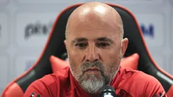 RIO DE JANEIRO, BRAZIL - APRIL 17: Newly appointed coach of Flamengo Jorge Sampaoli reacts during his presentation press conference at Ninho do Urubu on April 17, 2023 in Rio de Janeiro, Brazil. (Photo by Buda Mendes/Getty Images)
