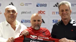 RIO DE JANEIRO, BRAZIL - APRIL 17: Newly appointed coach of Flamengo Jorge Sampaoli poses with the team's jersey during his presentation press conference at Ninho do Urubu on April 17, 2023 in Rio de Janeiro, Brazil. (Photo by Buda Mendes/Getty Images)