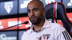 SP - SAO PAULO - 04/08/2023 - SAO PAULO, APRESENTACAO DE LUCAS MOURA - Lucas Moura durante sua apresentacao oficial como jogador do Sao Paulo em coletiva de imprensa realizada no CT Barra Funda. Foto: Ettore Chiereguini/AGIF