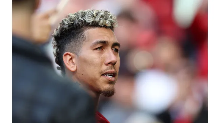 LIVERPOOL, ENGLAND - MAY 20: Roberto Firmino of Liverpool is seen looking emotional following his last home appearance in the Premier League match between Liverpool FC and Aston Villa at Anfield on May 20, 2023 in Liverpool, England. (Photo by Jan Kruger/Getty Images)