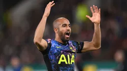 BURNLEY, ENGLAND - OCTOBER 27: Spurs player Lucas Moura celebrates his winning goal during the Carabao Cup Round of 16 match between Burnley and Tottenham Hotspur at Turf Moor on October 27, 2021 in Burnley, England. (Photo by Stu Forster/Getty Images)