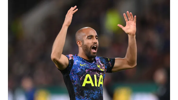 BURNLEY, ENGLAND - OCTOBER 27: Spurs player Lucas Moura celebrates his winning goal during the Carabao Cup Round of 16 match between Burnley and Tottenham Hotspur at Turf Moor on October 27, 2021 in Burnley, England. (Photo by Stu Forster/Getty Images)