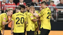 LAS VEGAS, NEVADA - JULY 30: Donyell Malen #21 of Borussia Dortmund celebrates a goal with Niklas Süle #25 of Borussia Dortmund during a preseason friendly match against Manchester United at Allegiant Stadium on July 30, 2023 in Las Vegas, Nevada. (Photo by Candice Ward/Getty Images)