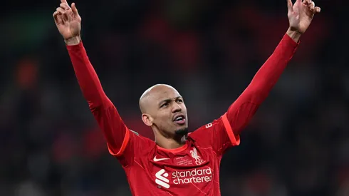 LONDON, ENGLAND - FEBRUARY 27: Fabinho of Liverpool celebrates following their team's victory in the penalty shoot out during the Carabao Cup Final match between Chelsea and Liverpool at Wembley Stadium on February 27, 2022 in London, England. (Photo by Shaun Botterill/Getty Images)