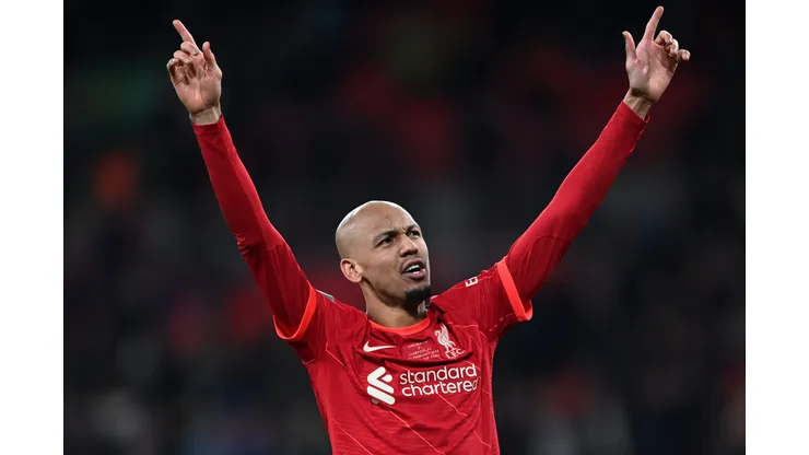 LONDON, ENGLAND - FEBRUARY 27: Fabinho of Liverpool celebrates following their team's victory in the penalty shoot out during the Carabao Cup Final match between Chelsea and Liverpool at Wembley Stadium on February 27, 2022 in London, England. (Photo by Shaun Botterill/Getty Images)